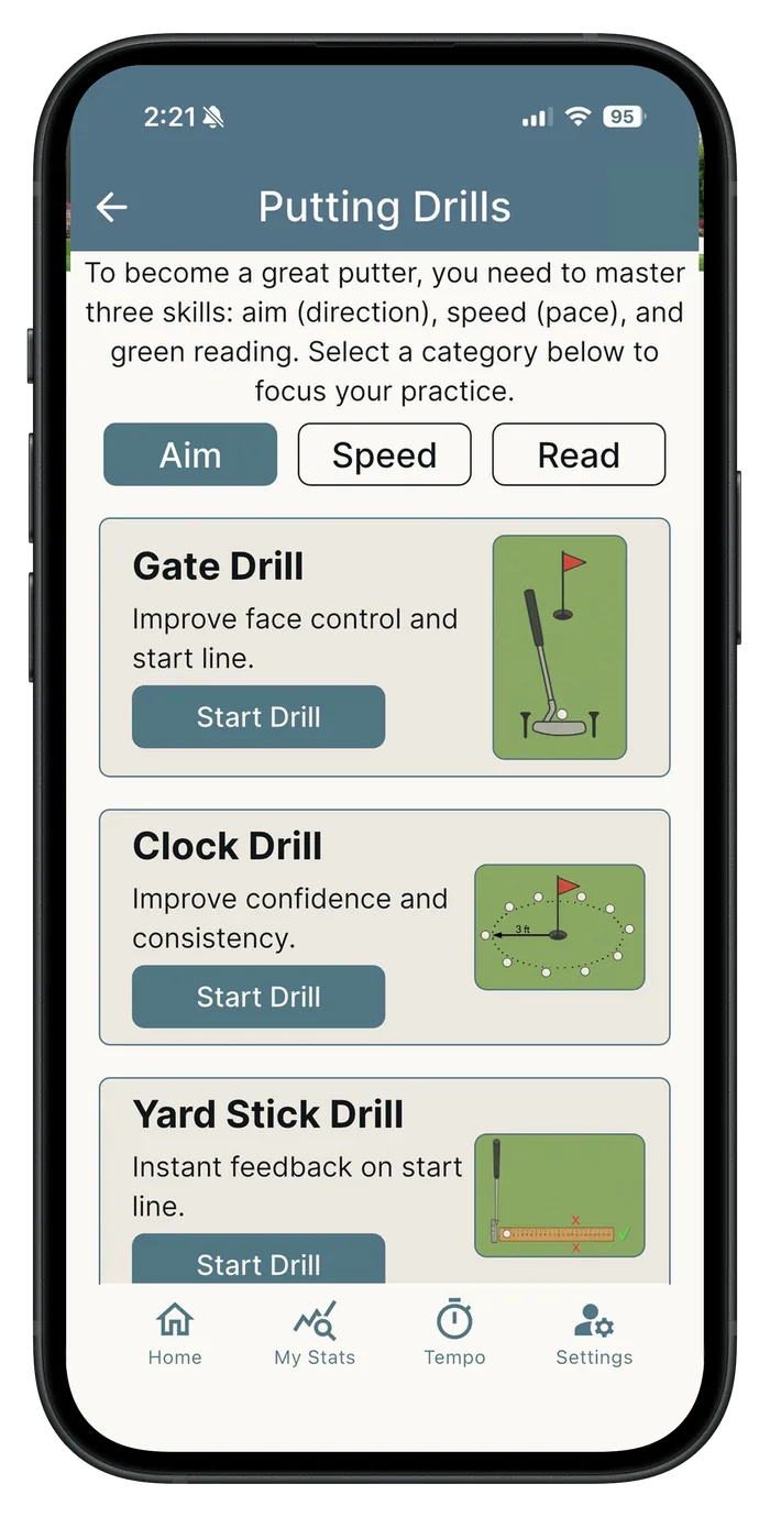 Every Putt Counts putting drills screen in an iPhone, listing Gate Drill, Clock Drill, and Yard Stick Drill
