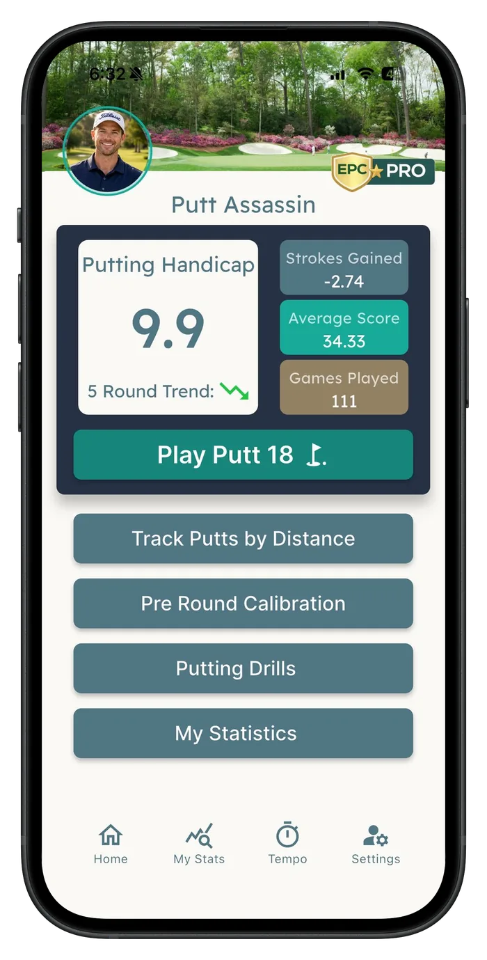 Every Putt Counts home screen in an iPhone, showing a Putting Handicap of 9.9 and a five-round trend