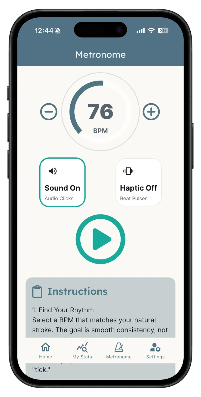 Every Putt Counts Metronome screen in an iPhone, showing a drag-to-set BPM dial at 76, the tour-pro tempo standard, with sound and haptic toggle options