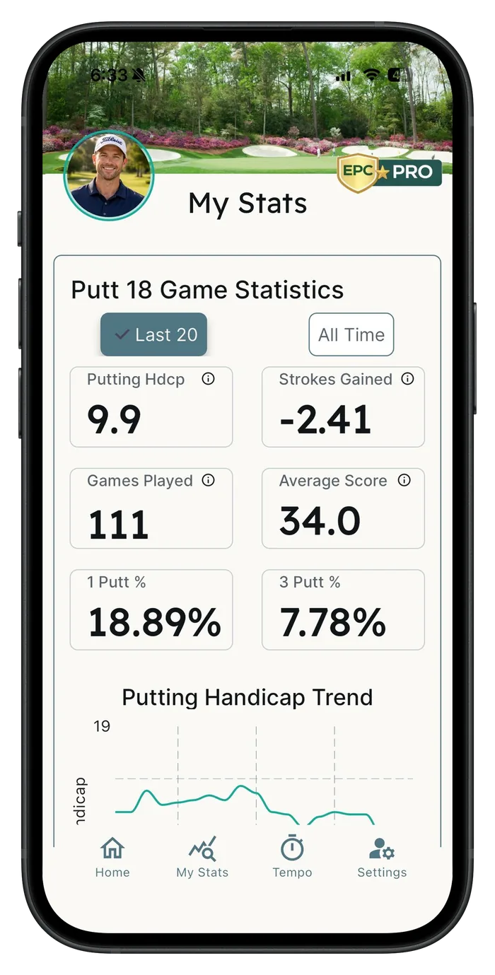 Every Putt Counts stats screen in an iPhone, showing Putting Handicap, Strokes Gained, and a putting handicap trend chart
