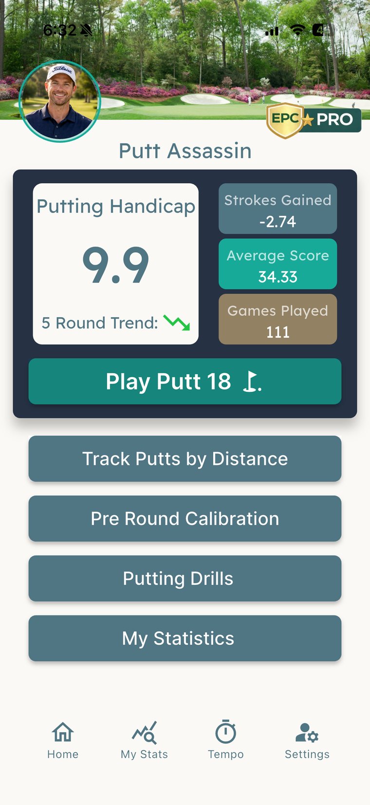 Every Putt Counts home screen, showing a Putting Handicap of 9.9 and a five-round trend